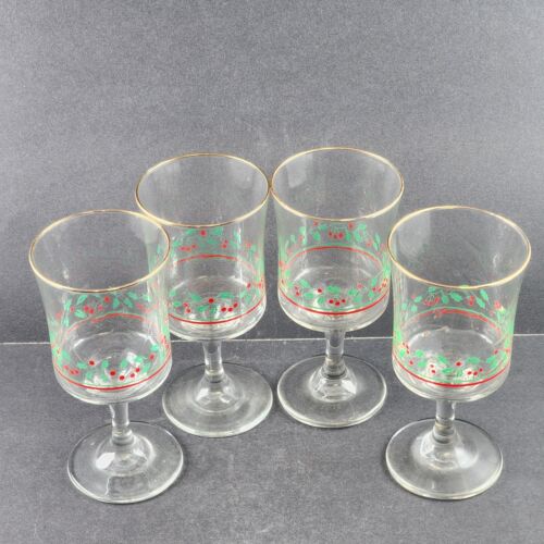 4 Arby's Stemmed Wine Glasses Christmas Holiday Holly Berry Cups Vintage 6.75" H