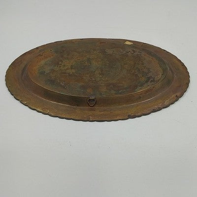 Oval Brass Serving Tray 16.25" Etched BLESSING Patina Hong Kong Mid Century