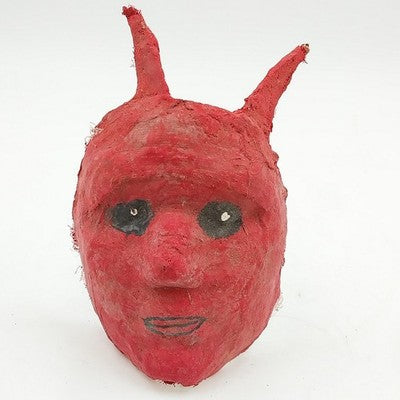 Papier Mache Scary Creepy Face Red Mask w Two Horn Wall Art Hand Painted