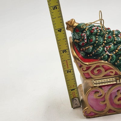 Mr. Christmas Hinged Gold Sleigh w/ Tree Music Box Ornament Ceramic 4.5"