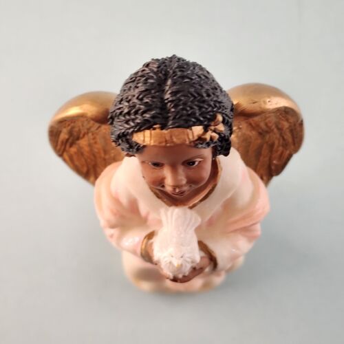 Little Girl Resin Angel Figurine Gold Wings Holding a White Dove 6½" H