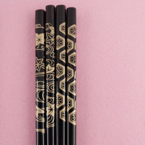 4 pr Chopsticks Square Japanese Lacquerware Gold Print Black Green