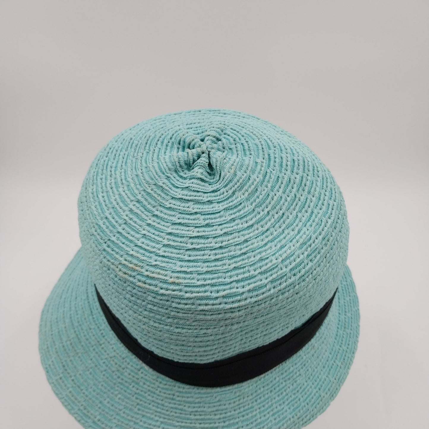 Rike's Light Blue Teal Woven Paper Straw Summer Hat with Black Ribbon Bow Accent
