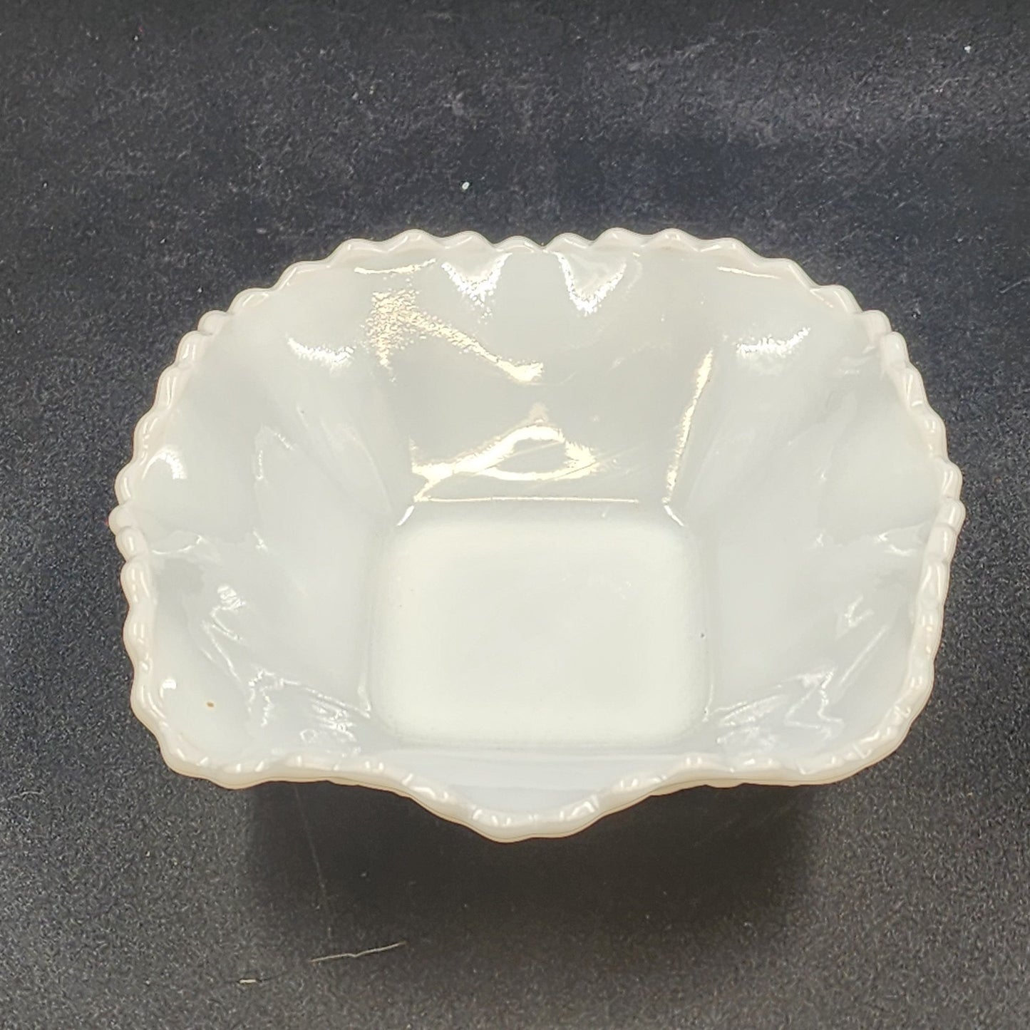 Hazel Atlas Milk Glass Candy Trinket Dish Diamond Point Square Ruffled MCM Vtg