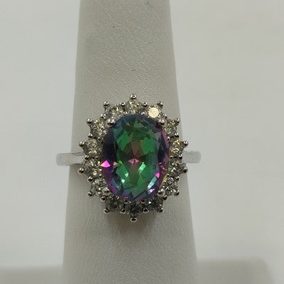 Mystic Topaz & Rhinestone Statement Ring Sz 6 Silver Tone w/ Box