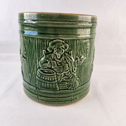 Embossed Pirate Green Majolica Tobacco Cigar Humidor Jar Crock No Lid 6" x 6.25"