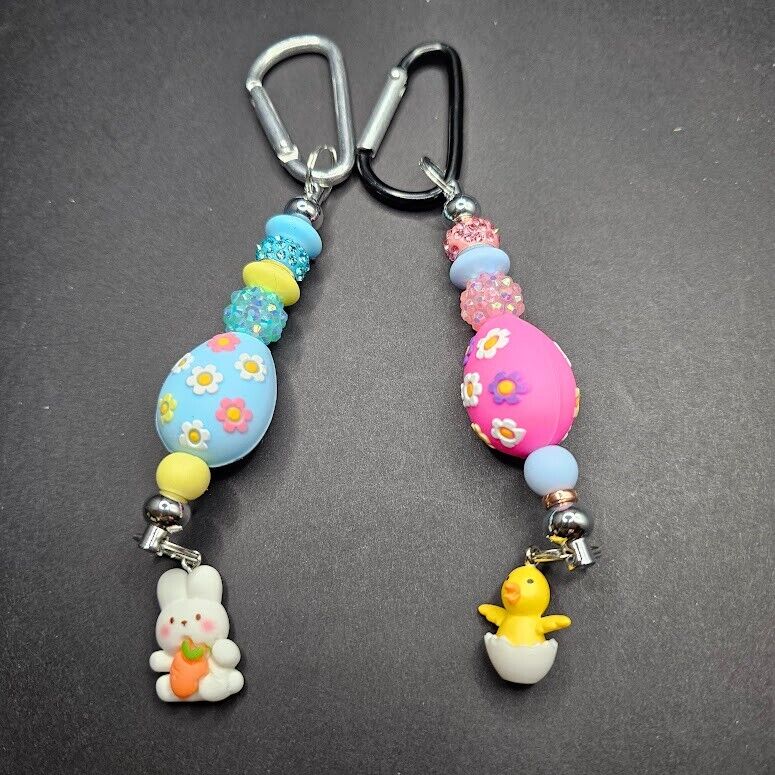 2 Key Ring Bag Charm Easter Egg Duck Bunny Beaded D Ring Handmade Gift Clip Gift