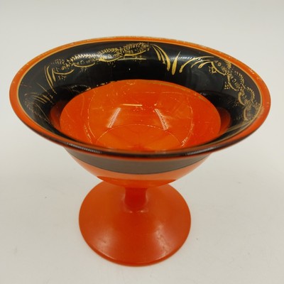Lancaster Marguerite Orange Black Glass Pedestal Bowl Gold Gilt 1930s VTG