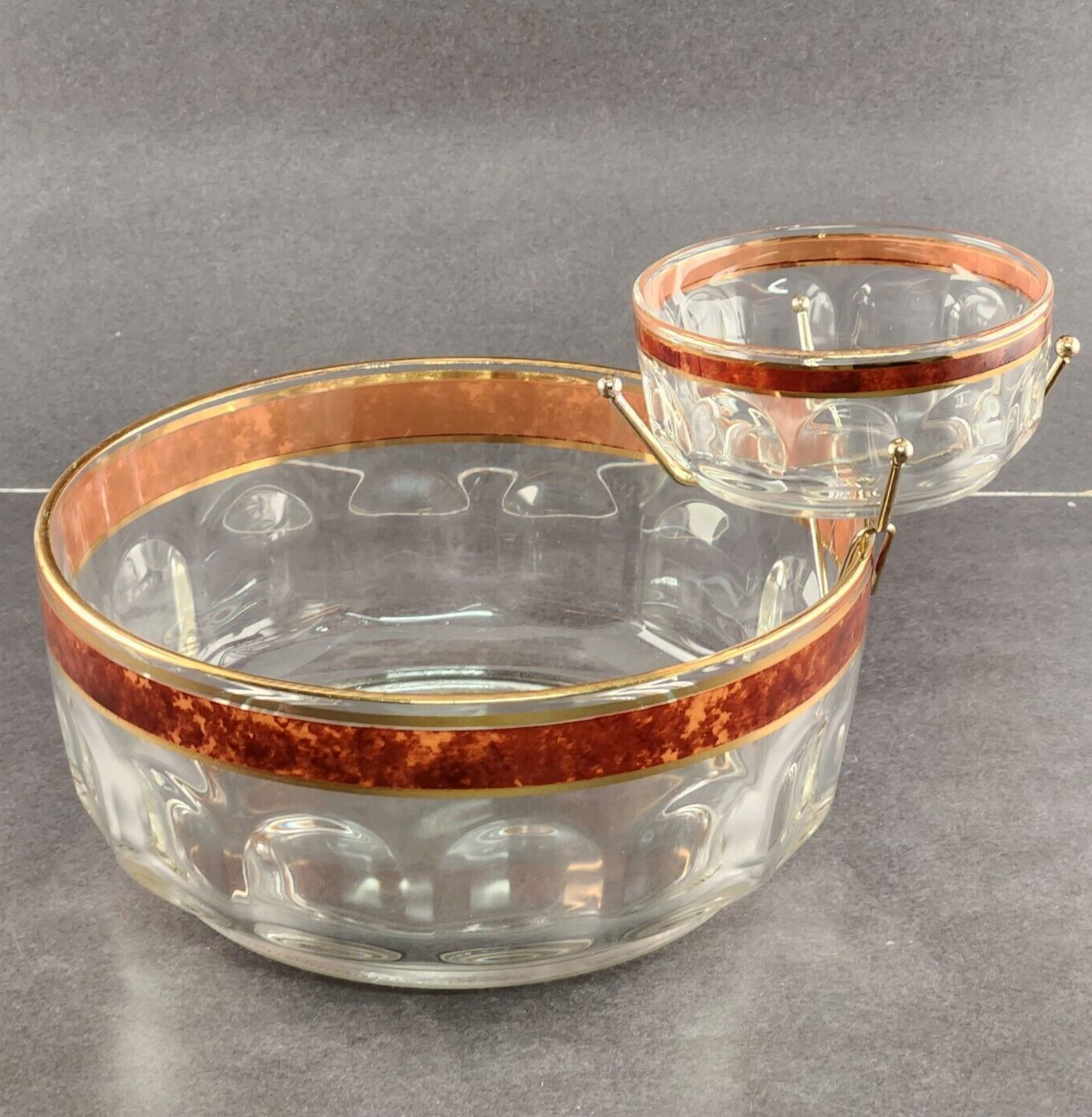 Arcoroc Glass Chip Dip Set w Dip Bowl Bracket France Brown and Gold Border Trim