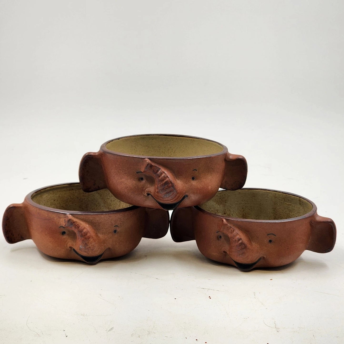 3 UCTCI Japan Elephant Face & Ear Bowls Brown Ceramic 4" x 2" Vintage Set
