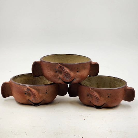 3 UCTCI Japan Elephant Face & Ear Bowls Brown Ceramic 4" x 2" Vintage Set