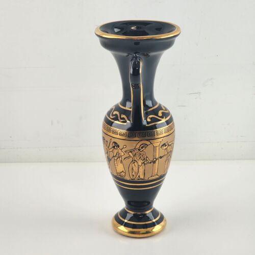 Greek Vase Black 24K Gold Vintage Handmade Mythology Images Marking 6.5" Greece