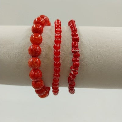Set of 3 Orange Red Tone Small and Large Round Beads Stretchable Bracelets 6"
