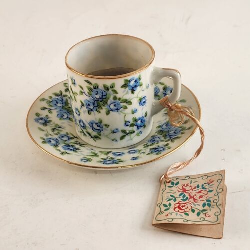 Enesco China Rose Blue Mini Teacup & Saucer Candle Porcelain Japan