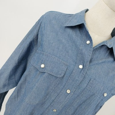 Lizsport Denim Shirt L Pearl Snap Long Sleeve 100% Cotton Blue