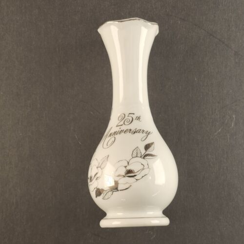 25th Anniversary Bud Vase Fine China 6½ Inch Tall White and Silver Lining