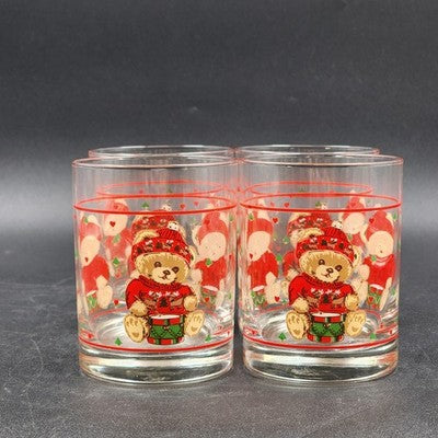 Vintage Tienshan Theodore Country Bear Christmas Glasses – Set of 4 Double Old Fashioned Tumblers – Holiday Barware – 4.25” Tall
