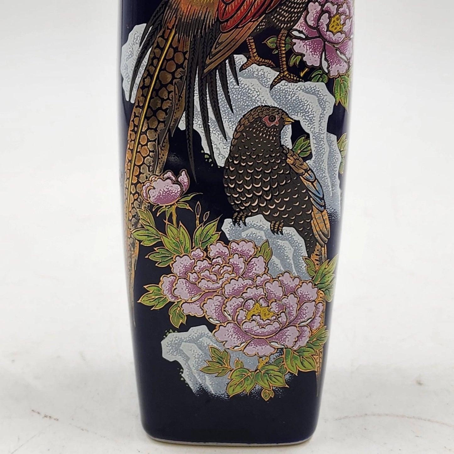 Kutani Interpur Peacocks Floral Vase Cobalt Blue & Gold Trim Japan 9.25”