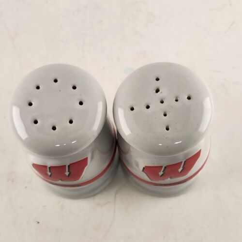 Set of 2 Ceramic Salt Pepper Shakers Wisconsin Badgers Logo White Red Trim 3.5"h