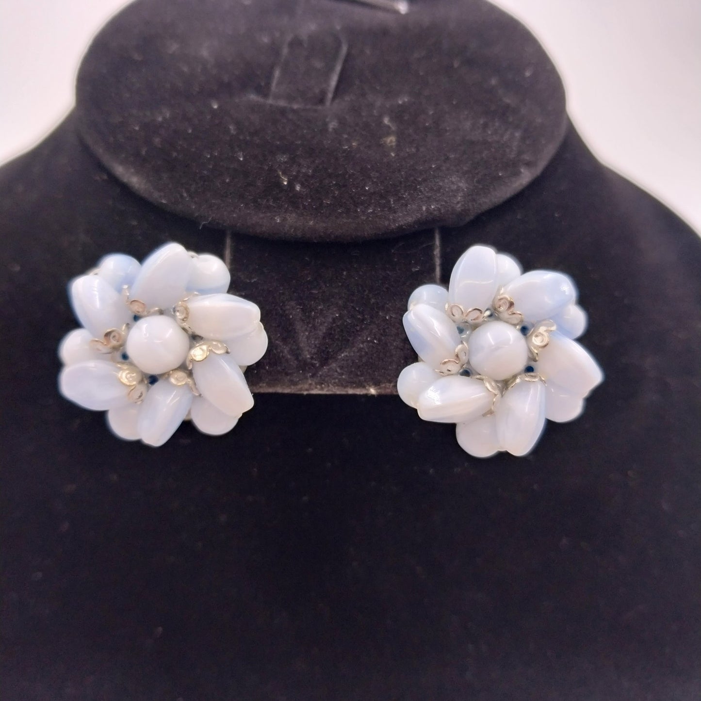 White Oval & Round Beaded with Silver Tone in Flower Shape Push Back Earrings