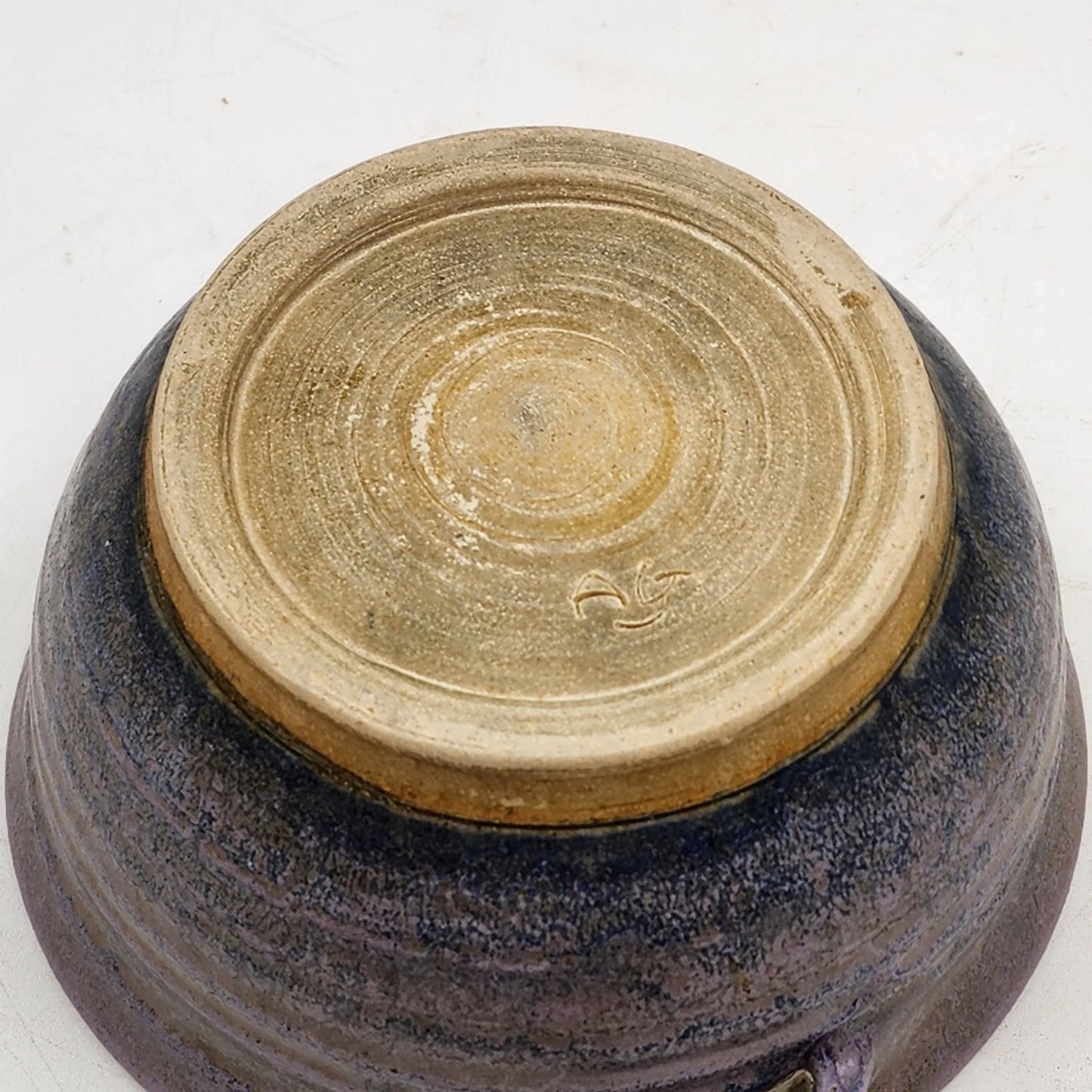 Handmade Pottery Bowl Art Studio Blue Purple Outer Yellow Inner Handled Signed
