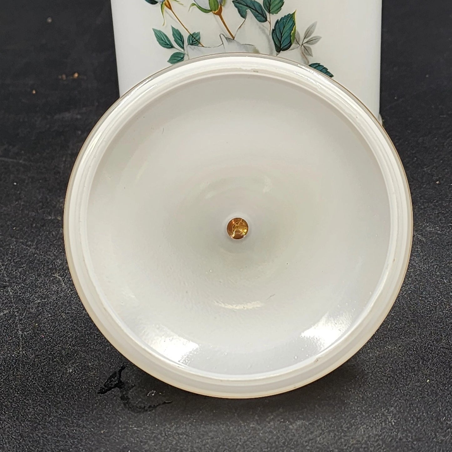 Apothecary Jar Blue Tea Rose in White Frosted Milk Glass with Gold Trim 9" x 4"d