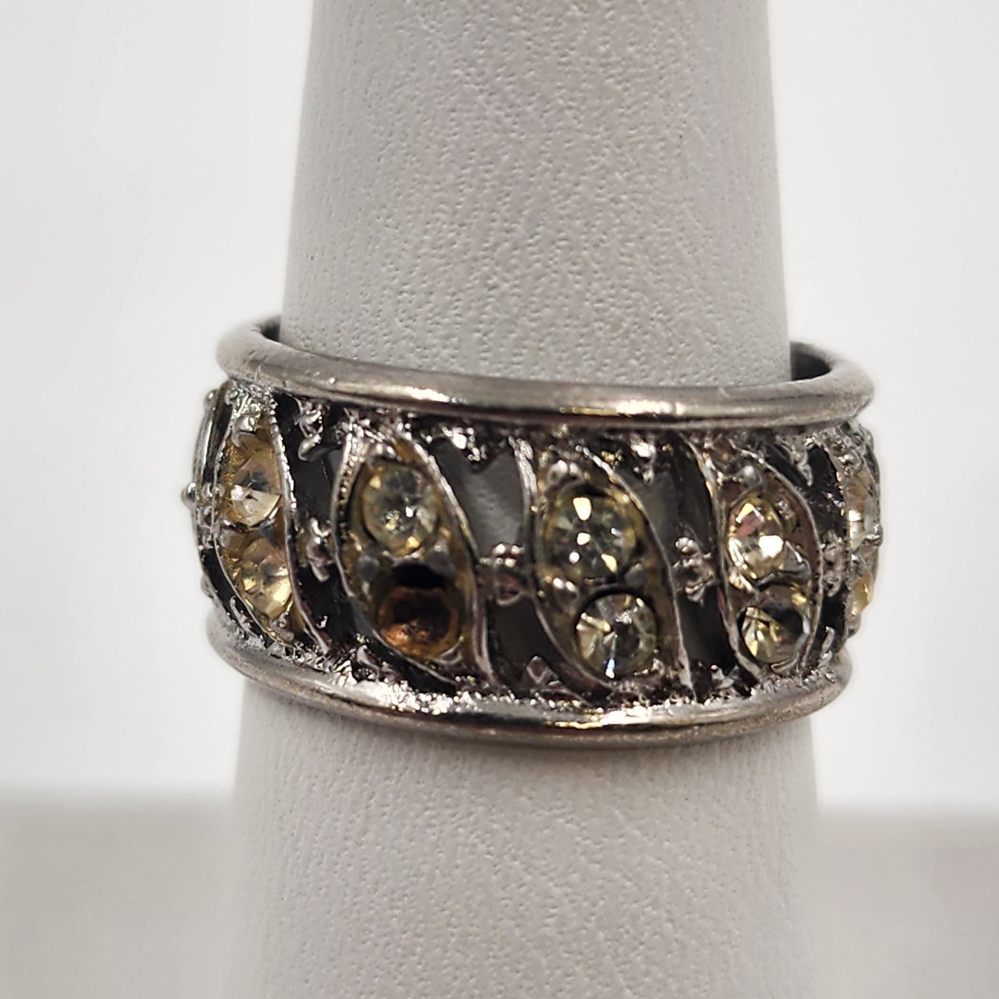Silver Tone Eternity Ring with Clear Crystal Yellow Rhinestone Size 7 Vintage