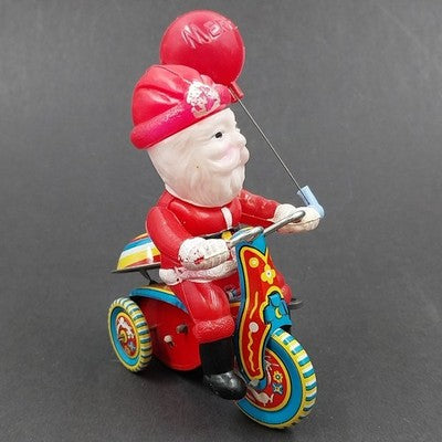 Suzuki Wind Up Toy Celluloid Santa Claus 1950 Tin Tricycle Japan Vintage Works