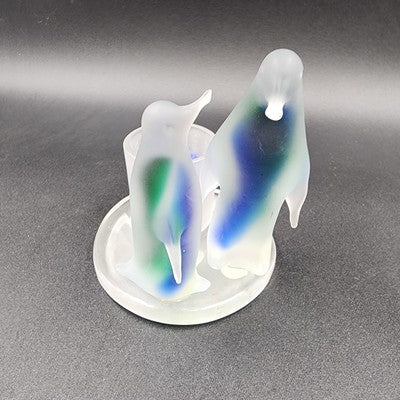 Partylite Frosted Glass Blue Green Two Penguin Candle Holder Votive Rack 5"x3.5"