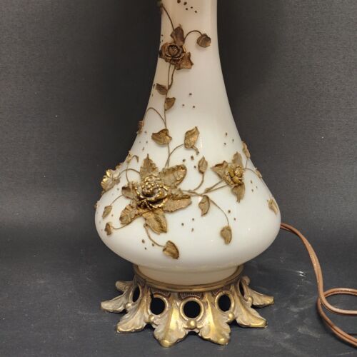 Milk Glass Brass Floral Table Lamp Cast Base 16" Silk Brocade Scallope Shade 11"
