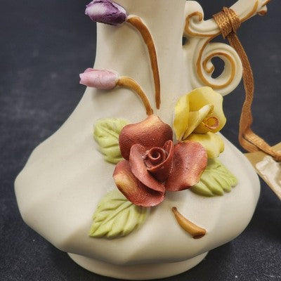 Arnart Antique Ivory Bisque Porcelain Vase Pitcher Raised Multicolor Roses 5"