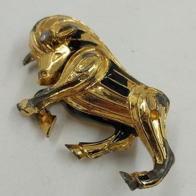 Gold Tone Bull with Black/Gray Accent Metal Brooch Pin Vintage Jewelry Accessory