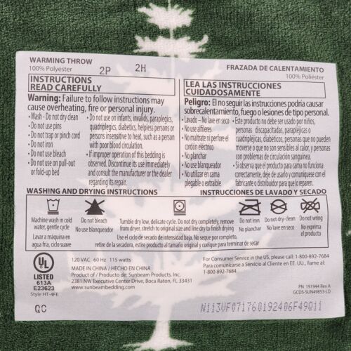 Sunbeam Microplush Comfy Toes Electric Heated Throw Blanket Foot Pocket Green