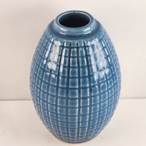 Blue Glazed Vase Geometric Grid Lines Pattern 6" Tall x 1.25" Mouth Rubber Base