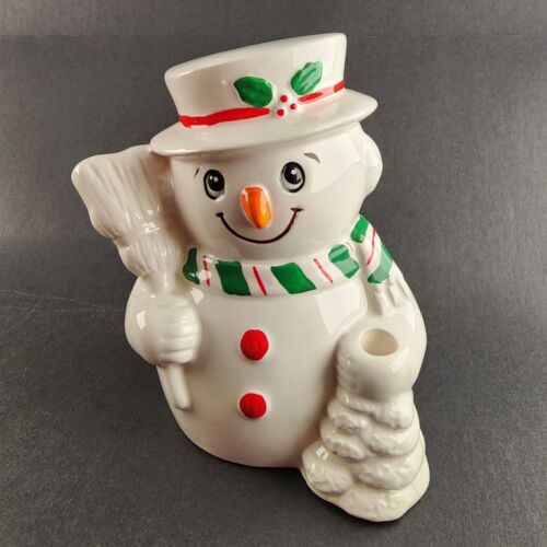 Russ Berrie Ceramic Snowman Coin Penny Bank White Red Rubber w Stopper Christmas