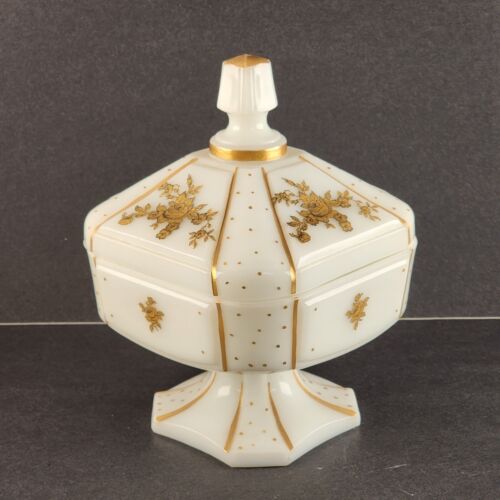 Milk Glass Wedding Box Candy Dish Pedestal Compote w Lid Gold Decorations Roses