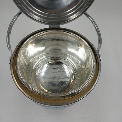 Silver Chromium Solid Brass Ice Bucket Cooler Hinged Lid Arm & Glass 13" 1950's