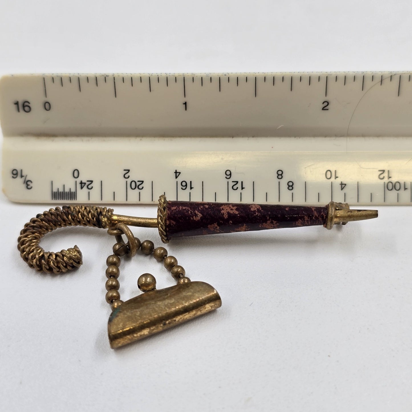 Gold Tone Umbrella with Handbag Purse Dangle Drop Brass Brooch Pin 2.5"