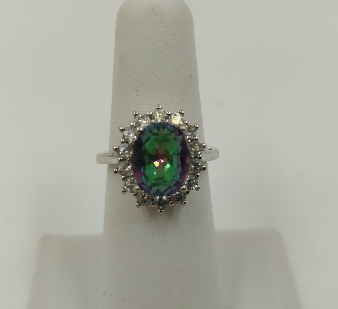 Mystic Topaz & Rhinestone Statement Ring Sz 6 Silver Tone w/ Box