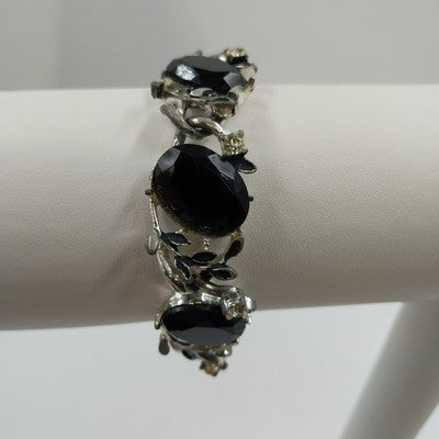 Silver Tone Bracelet Black Enameled Leaf & Faceted Glass Oval Beads