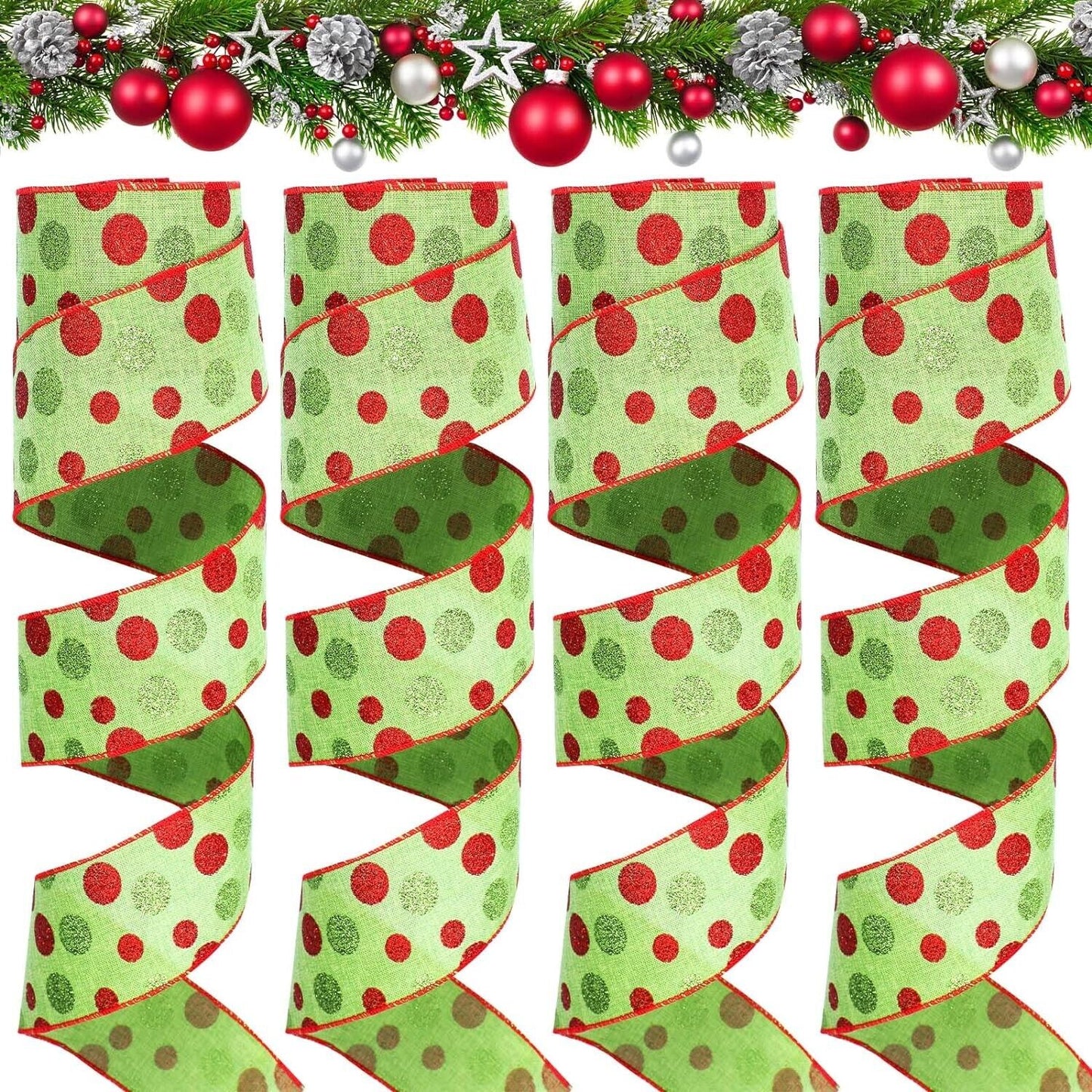 Giegxin 4 Rolls 40 Yard Ribbon Green Dots 10Yd x 2.6"W Wired Crafts Bows Wreath
