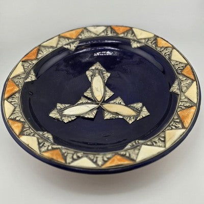 French Ceramic Centerpiece Bowl Cobalt Blue Glaze Silver Hand Carved Shell Inlay