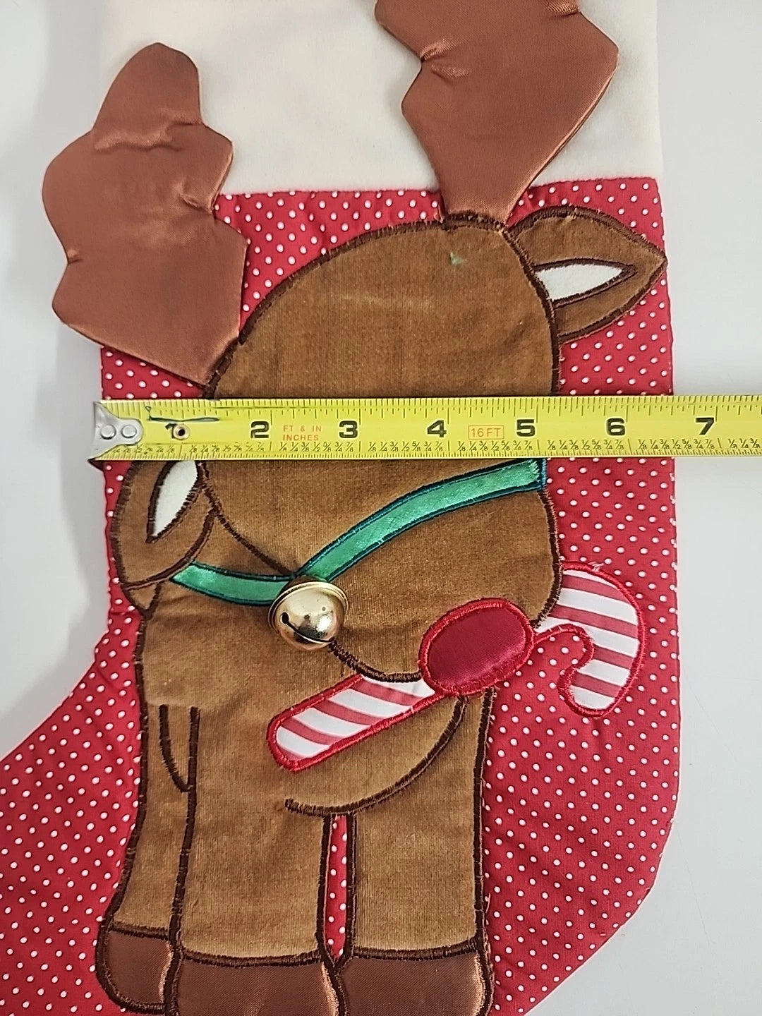 Reindeer Christmas Stocking Red Nose Candy Cane Bell 14.5” Red Dot Pattern Vtg