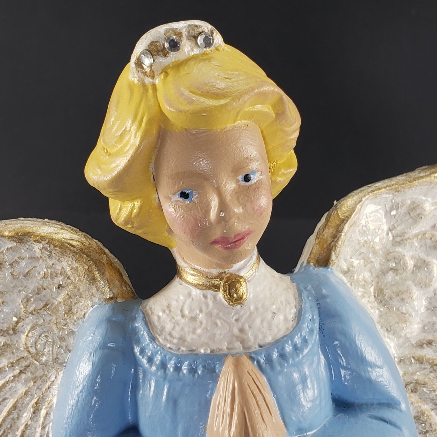 Ceramic Angel Figurine 10"H Blue Dress Rhinestones Glitter Wings Vintage