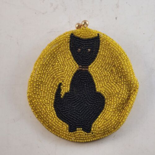 Black Cat Glass Beaded Coin Purse Korea Kiss Close Gold Beads Vintage 1960s 4"