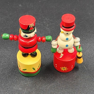 Set of 2 Vintage Wood Push Puppet Toys – Soldier & Snowman Ornaments 4"