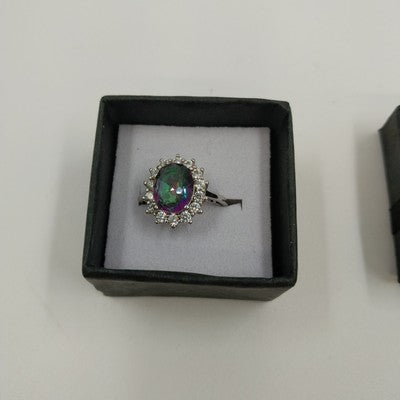 Mystic Topaz & Rhinestone Statement Ring Sz 6 Silver Tone w/ Box