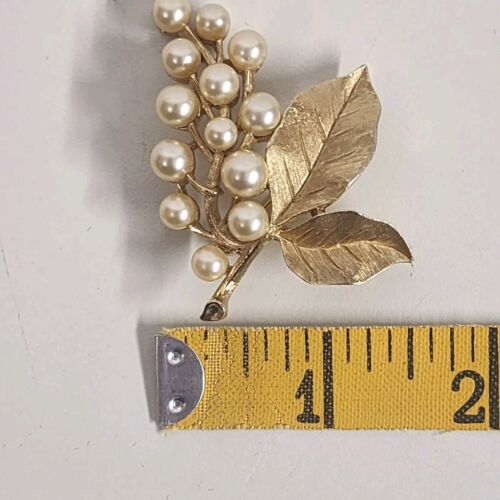 Signed Crown Trifari Leaf Berries Faux Pearl Brushed Gold Tone Brooch Vintage