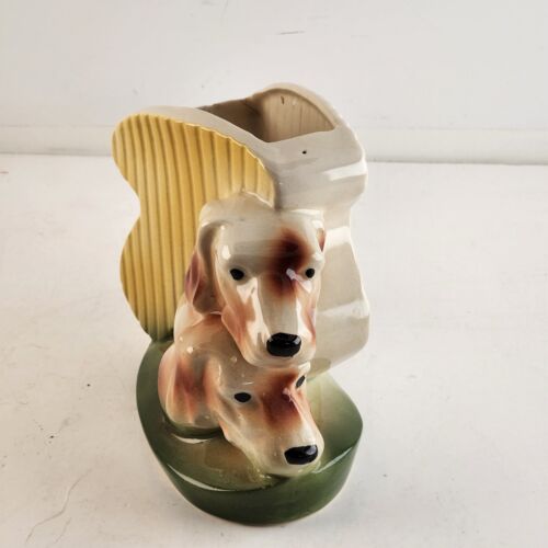 Royal Copley Dog Pottery Planter Vintage Yellow Green Flower Pot MCM