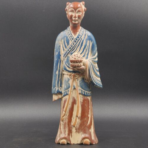 Pair of Asian Chinese Hand Carved Painted Wood Figurine Statues Vintage 14"